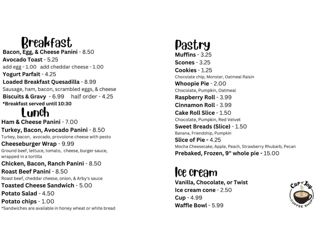 Menu Cup of Joy Coffee Shop